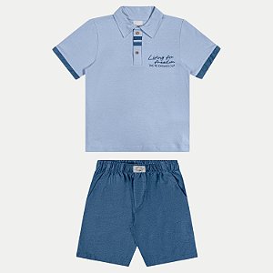 CONJUNTO VERÃO ANGERO BERMUDA E POLO MANGA CURTA MALHA AZUL PASTEL MASCULINO INFANTIL