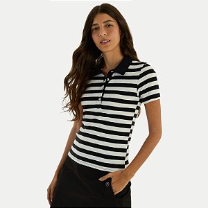 BLUSA HERING MANGA CURTA POLO ALGODÃO LISTRADA PRETO FEMININO ADULTO
