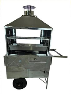 Carrinho de Churrasco 90cm com Caixa Térmica, Baú de Mantimentos, Vidro e Gaveta de Dinheiro Com Cobertura