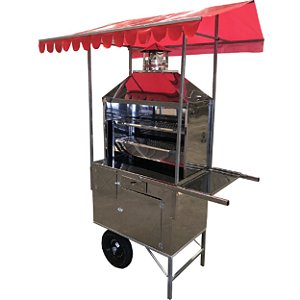 Carrinho de Churrasco com Caixa Térmica, Baú de Mantimentos, Vitrine e Gaveta de Dinheiro Com Cobertura