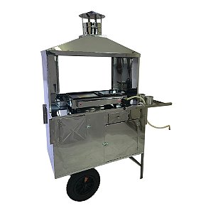 Carrinho de Lanche com Caixa Térmica, Baú de Mantimentos, Vitrine e Vidro Temperado