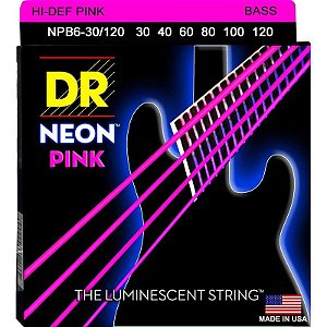 EM BREVE: Encordoamento DR Strings NEON Pink Baixo 6 Cordas 30-120