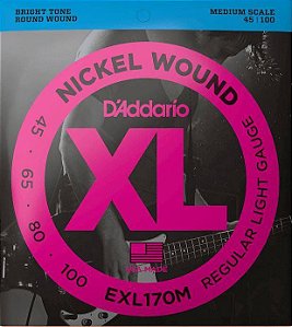 Encordoamento D'Addario EXL170M Baixo 4 Cordas Nickel 45-100 Escala Média