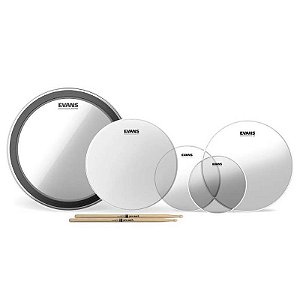 Kit De Peles Fusion Evans G2 Transparente + G1 Porosa 14'' + EMAD 22'' + Par De Baquetas Promark 5A