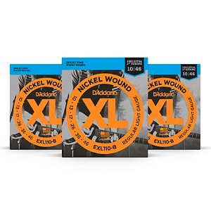Kit c/ 3 Encordoamento D'Addario EXL110-B Guitarra 10-46, Corda Extra