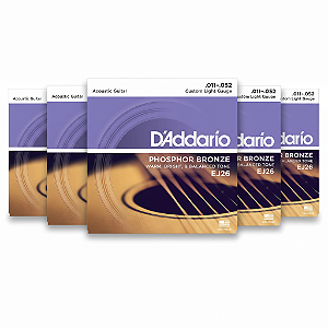 Kit c/ 5 Encordoamentos D'Addario EJ26 Violão Aço Phosphor Bronze 11-52