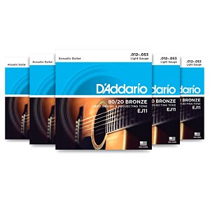 Kit com 5 - Encordoamentos D’Addario EJ11 80/20 Bronze Violão Aço 12–53