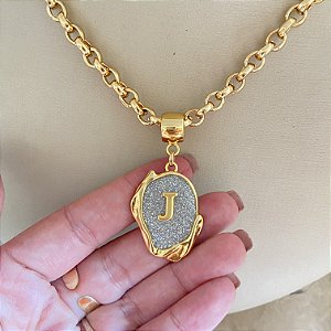 Colar 45cm Elo Português Plaquinha Glitter