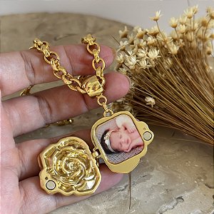 Colar 45Cm Elo Português Relicario Rosa