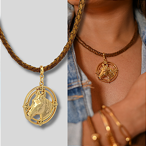 Colar 40Cm Couro 100% Pingente Medalha Cavalo