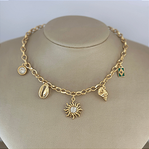 Colar 45cm Elo Corrente Berloques Brasil Sol Praia