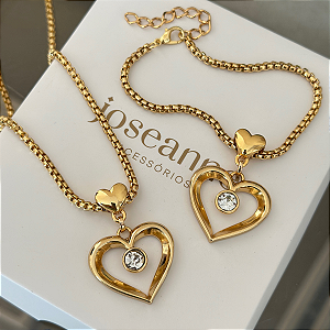 Colar e Pulseira Coração Ponto de Luz