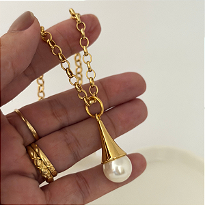 Colar 45cm Elo Português Gota Perola