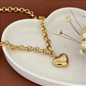 Colar e Pulseira Elo Portugues Coração Cristal