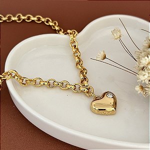 Colar e Pulseira Elo Portugues Coração Cristal