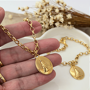 Colar e Pulseira Elo Português Medalha Nossa Senhora Aparecida