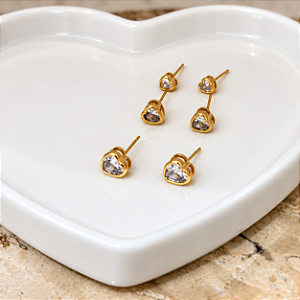 Brinco Trio Zircônia Coração Cristal