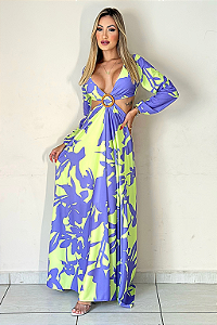 Vestido Longo Estampado Manga Longa