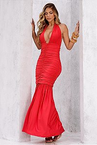 Vestido Longo Vermelho Decote Profundo Drapeado