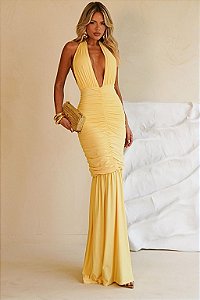 Vestido Longo Vermelho Decote Profundo Drapeado