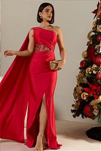 Vestido Assimétrico Ombro Único Com Detalhe Transparente