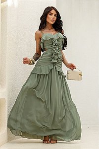 Vestido Longo Festa Feminino com Babados e Alças Delicadas