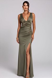 Vestido Longo Drapeado com Fenda Lateral