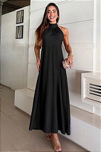 Vestido Longo Feminino Gola Alta Preto