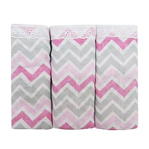 Fralda Para Bebê Baby Joy 68x70cm Luxo Chevron Rosa C/3Peças