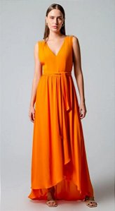 Vestido Maria.Valentina Longo Decote V Detalhe Ombro Laranja