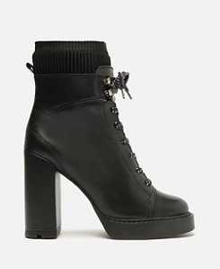 Bota Preta Couro Cano Curto Amarração Knit