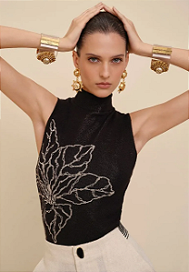 Blusa Morena Rosa Gola Alta Sem Manga Tricôt Preto