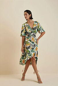 Vestido Morena Rosa Midi Decote V Com Faixa Cru
