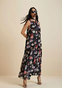 Vestido Morena Rosa Longo Decote Canoa Com Faixa Preto