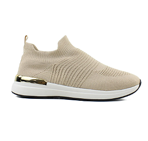 Tênis Slip On Bege em Malha Knit com Bico Fino
