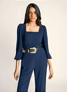 Blusa Zinco Decote Quadrado Manga Longa Detalhe Elástico Azul Marinho