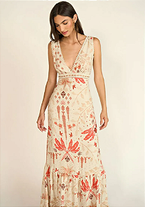 Vestido Zinco Longo Decote V Com Entremeio Cru