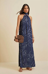 Vestido Morena Rosa Longo Decote Redondo Com Faixa Azul Marinho