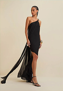 Vestido Morena Rosa Longo Decote Assimétrico Com Faixa Preto