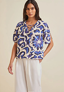 Blusa Morena Rosa Decote V Manga Curta Detalhe Frente Azul