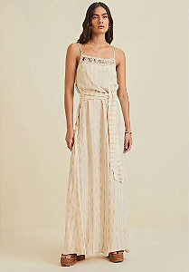 Vestido Morena Rosa Longo Decote Reto Com Faixa Cru