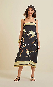 Vestido Morena Rosa Midi Decote Reto Estampa Localizada Preto