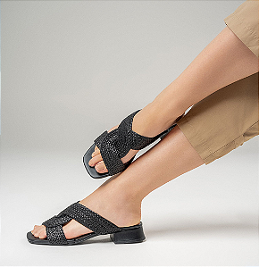 Tamanco Tramado Salto Bloco baixo Valentina Flats Preto