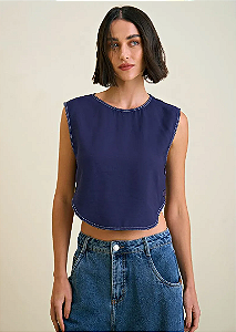 Blusa Morena Rosa Decote Redondo Sem Manga Com Botão Azul Marinho
