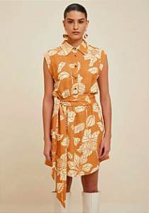 Vestido Morena Rosa Curto Gola Camisa Com Faixa Laranja