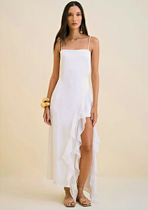 Vestido Morena Rosa Midi Decote Reto Abertura Frente Off White