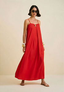 Vestido Morena Rosa Longo Decote Reto Detalhe Frente Vermelho