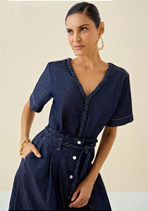 Blusa Maria.Valentina Decote V Manga Curta Detalhe Trançado Jeans