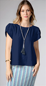 Blusa Maria.Valentina Decote Redondo Manga Curta Com Colar Azul Marinho