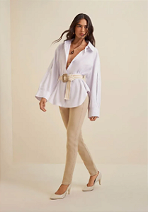 Calca Morena Rosa Skinny Andreia Cós Intermediário Com Cinto Bege